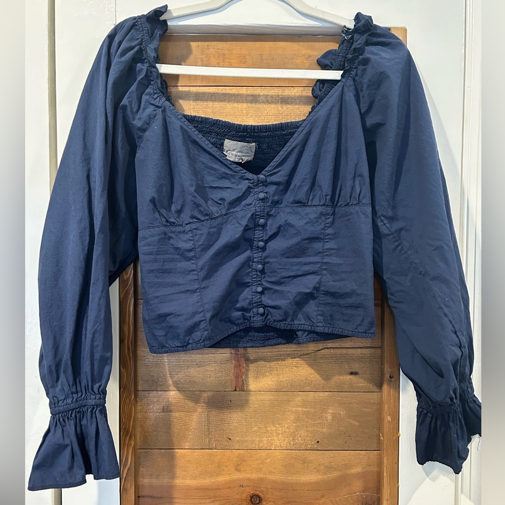 Anthropologie Midnight Blue Blouse with Ruffle Details